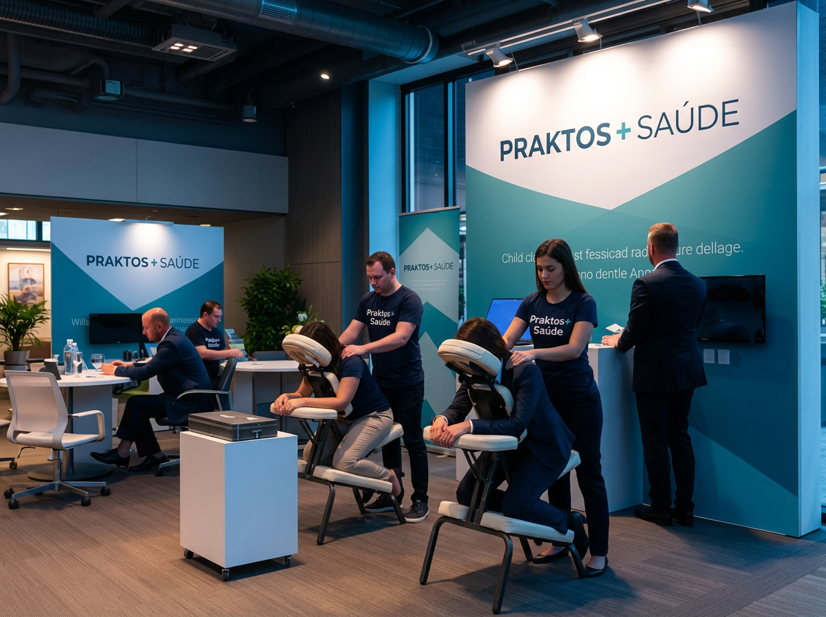 Atendimento de massagem corporativa em evento empresarial